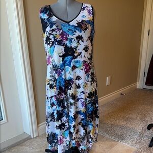Clientele Sundress Dress Blue and White Floral V-Neck Midi Summer Colourful